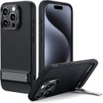 ROGER iPhone Case - Metal Kickstand, 3-Mode Stand, Military-Grade Drop Protection, Wireless Charging Compatible, Slim Back Cover (Black, iPhone 15 Pro)
