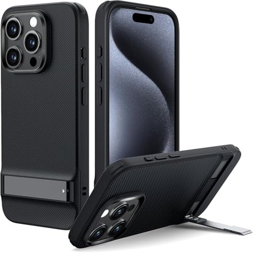ROGER iPhone Case - Metal Kickstand, 3-Mode Stand, Military-Grade Drop Protection, Wireless Charging Compatible, Slim Back Cover (Black, iPhone 15 Pro)