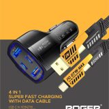 Roger Car Charger - Fast Charging Adapter with USB, Type-C, 12V Socket, Quick Charge 3.0, 3-Port Mobile Charger - Black