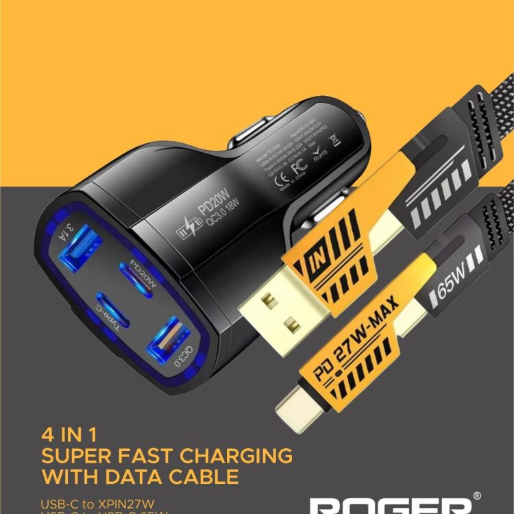 Roger Car Charger - Fast Charging Adapter with USB, Type-C, 12V Socket, Quick Charge 3.0, 3-Port Mobile Charger - Black