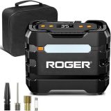 Roger Portable 12V DC Car Tire Inflator Air Compressor. Featuring Auto Shut Off and LED Lights, it's perfect for inflating car tires, motorcycles, bikes, and inflatables.